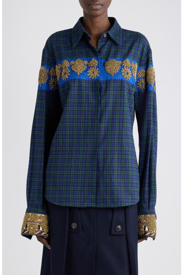 Chloris Embroidered Plaid Cotton Shirt, Main, color, GREEN