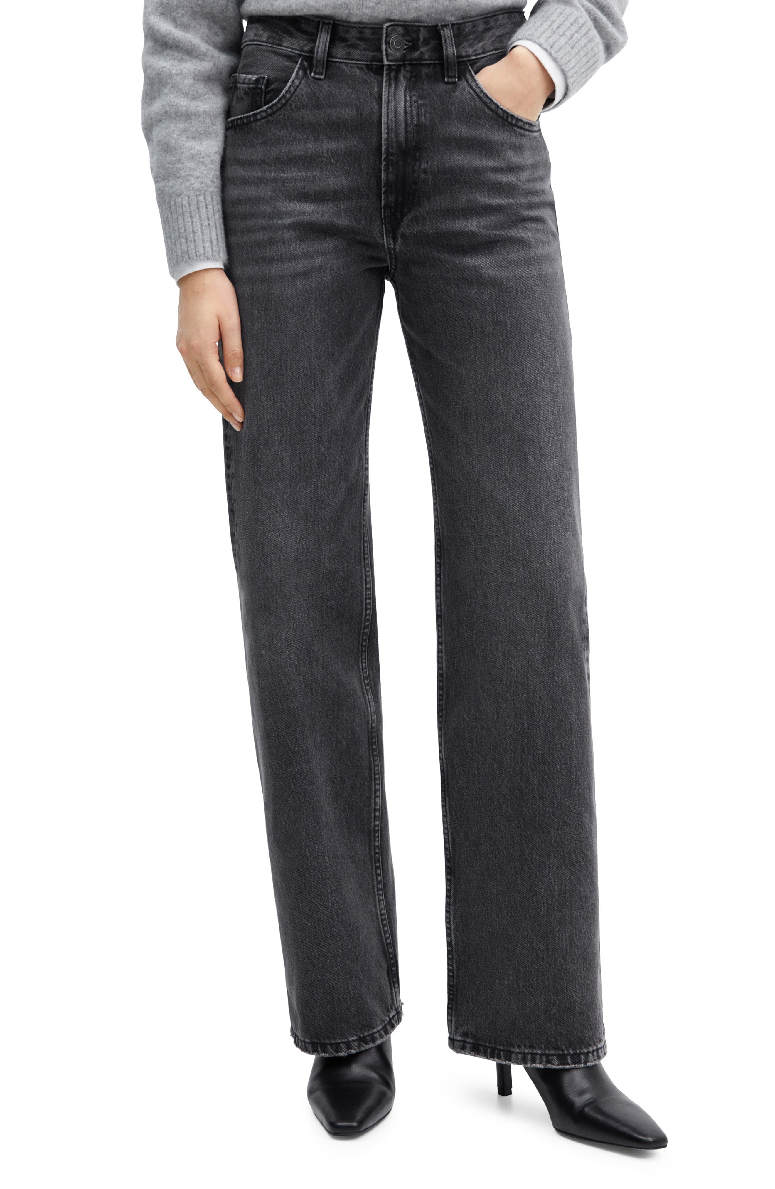 Mango Mid Rise Straight Leg Jeans In Black