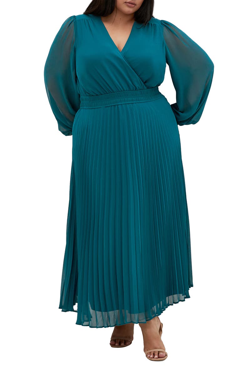 City Chic Sheer Finley Long Sleeve Chiffon Dress, Main, color, Jade