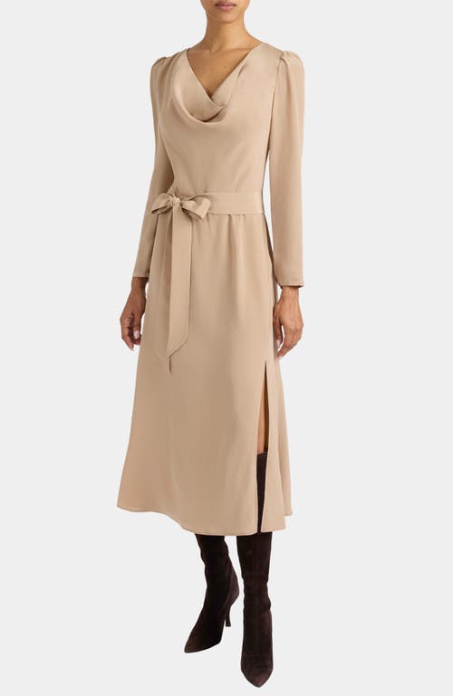 Santorelli Piper Long Sleeve Cowl Neck Silk Dress In Neutral