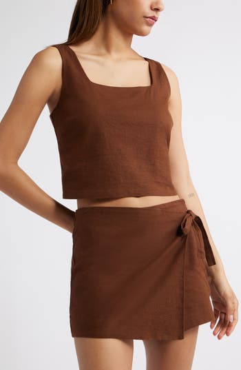 Open Edit Sleeveless Linen Blend Top In Brown