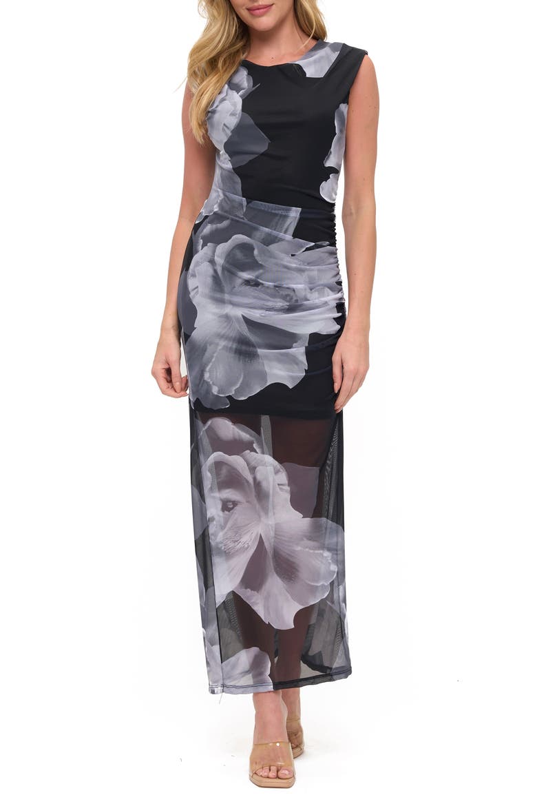 Ruched Sleeveless Maxi Dress, Main, color, BLACK/ GREY