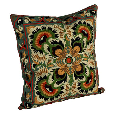 Storied Home Square Cotton Embroidered Pillow With Design, Multi Color In Green