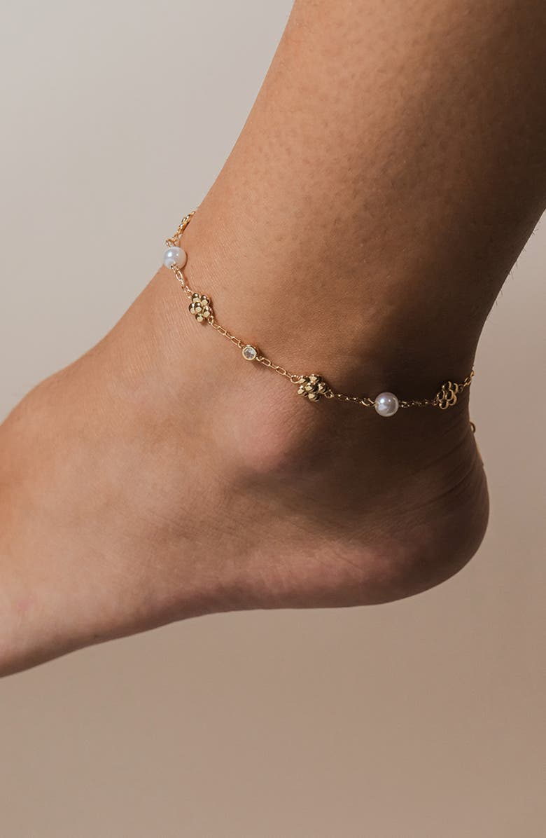 Sterling Forever June Floral Imitation Pearl Anklet, Alternate, color, Gold