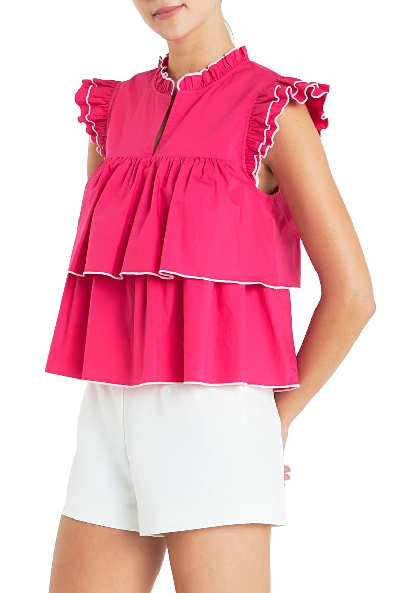 Ruffle Sleeve Tiered Cotton Top, Alternate, color, FUCHSIA