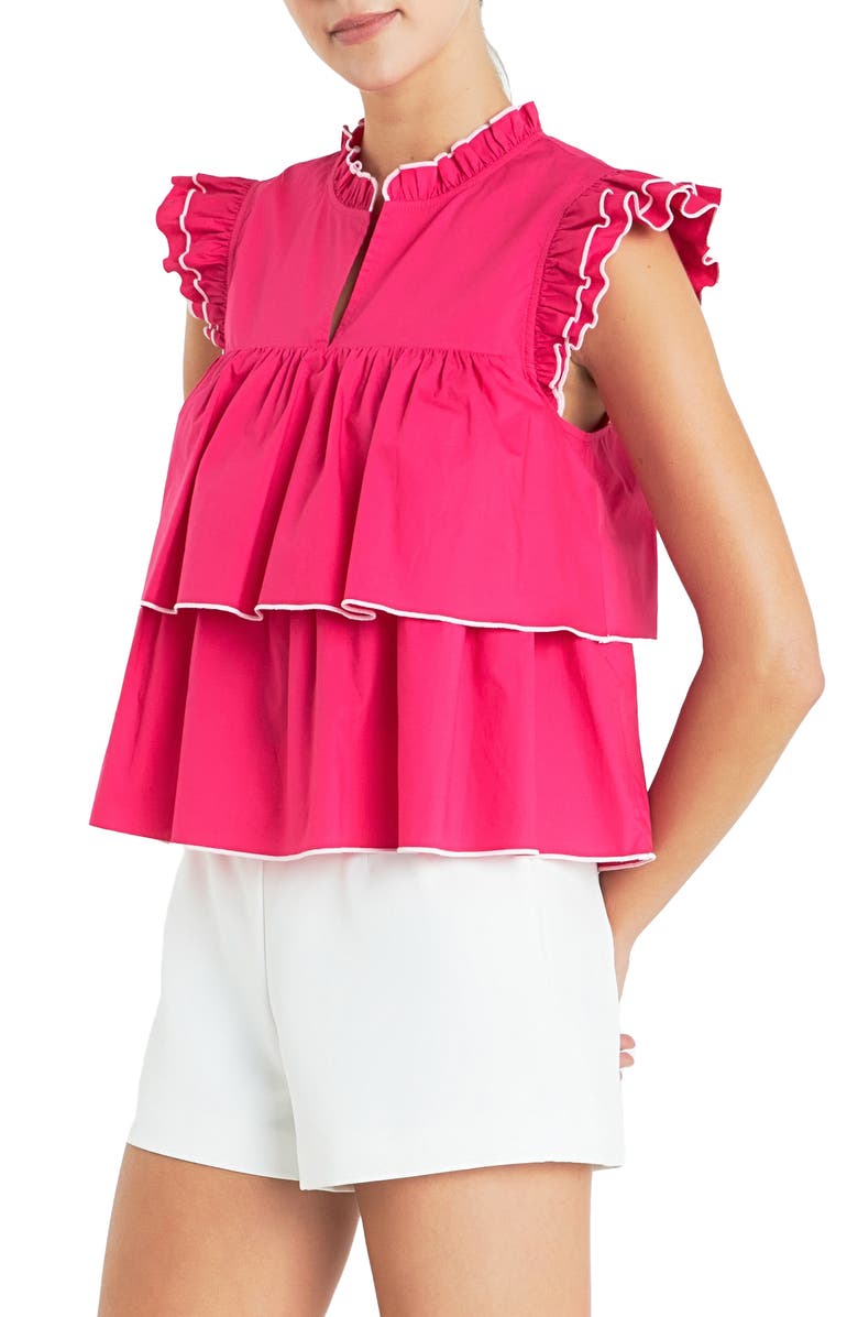 English Factory Ruffle Sleeve Tiered Cotton Top, Alternate, color, Fuchsia