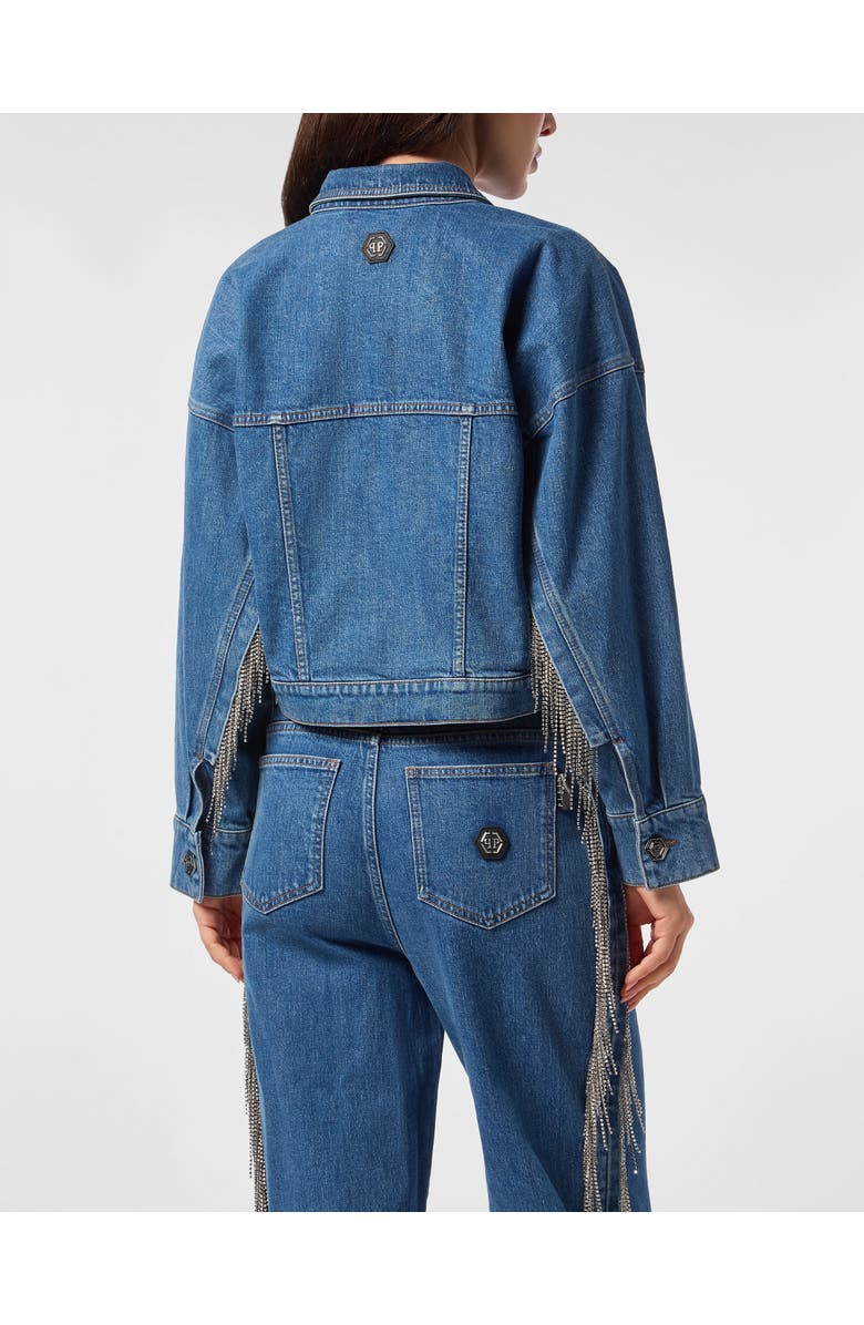 PHILIPP PLEIN Denim Cropped Jacket Crystal Fringes Women, Alternate, color, Monte Carlo