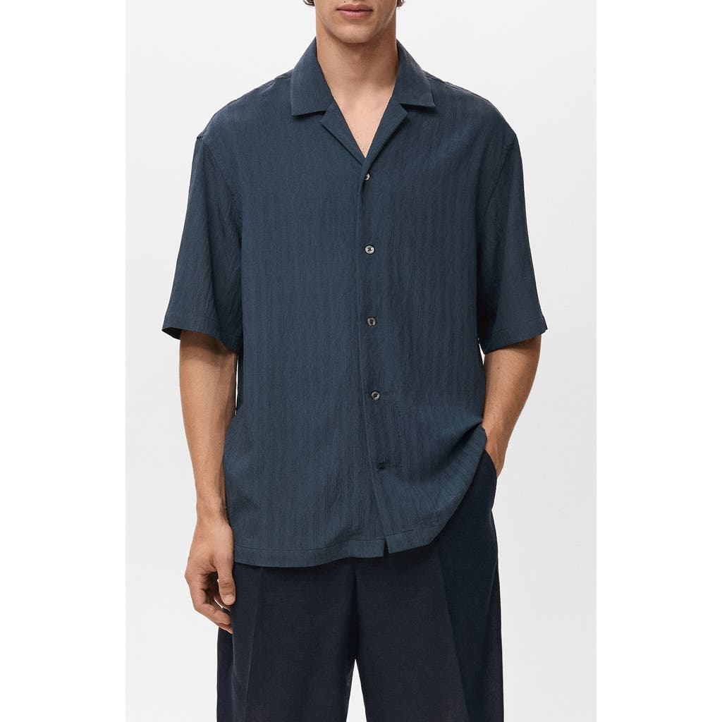 Mango Stripe Embroidered Camp Shirt In Blue