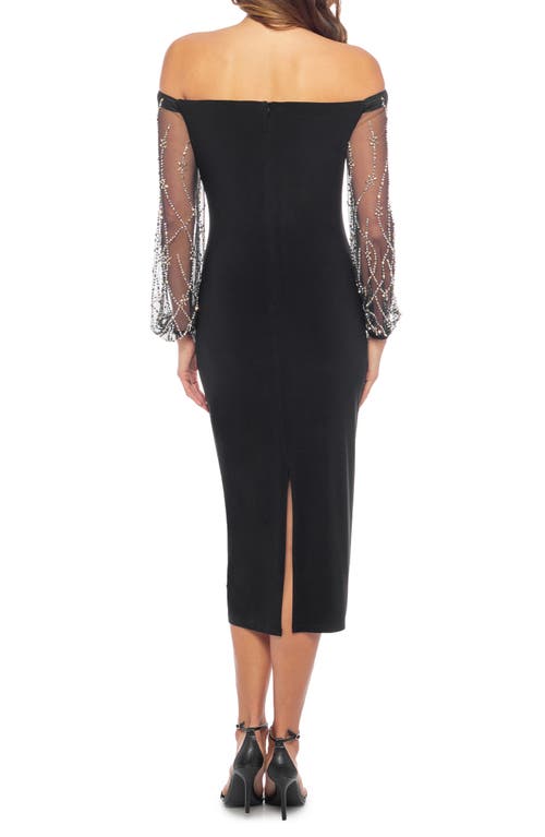 Marina Off The Shoulder Long Sleeve Beaded Midi Dress In Black