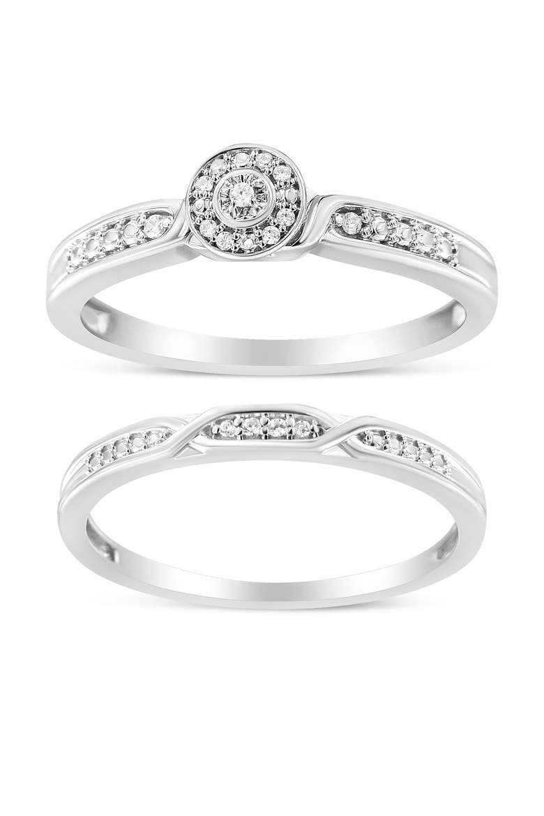 Silver Diamond Accent Frame Twist Shank Bridal Set Ring and Band, Main, color, White