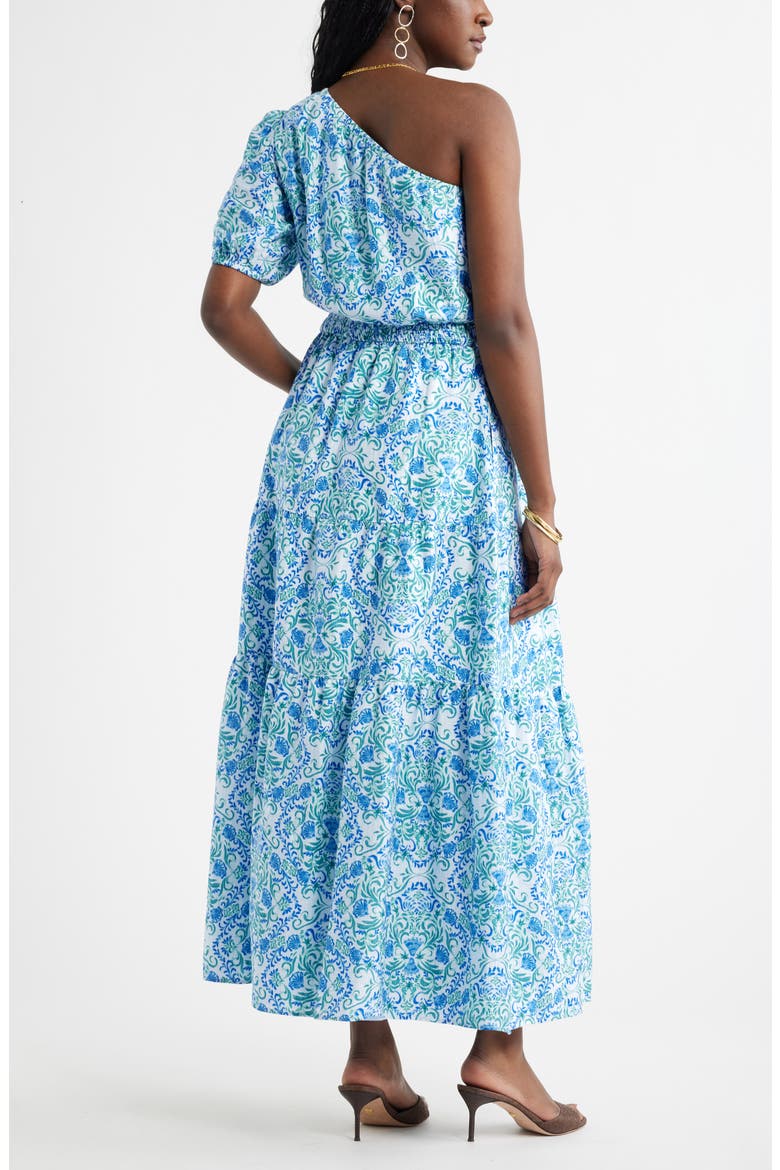 One Shoulder Floral Print Maxi Dress, Alternate, color, BLUE- GREEN COASTAL MEDALLION