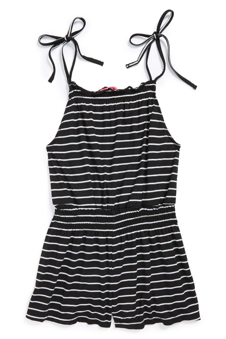 'Striper Active' Smocked Waist Romper, Main, color, BLACK