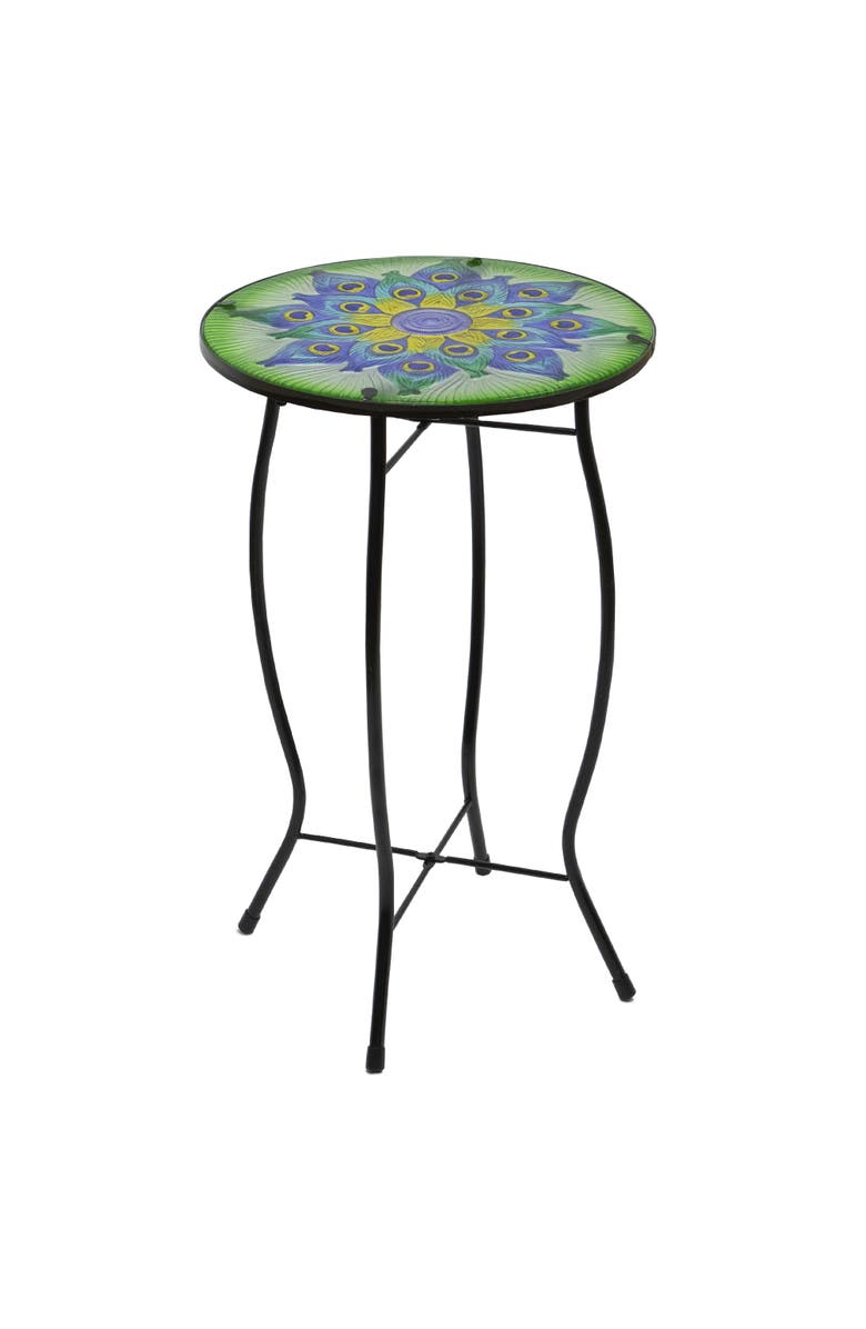 Northlight 19" Green and Blue Peacock Flower Tail Glass Patio Side Table, Alternate, color, Green