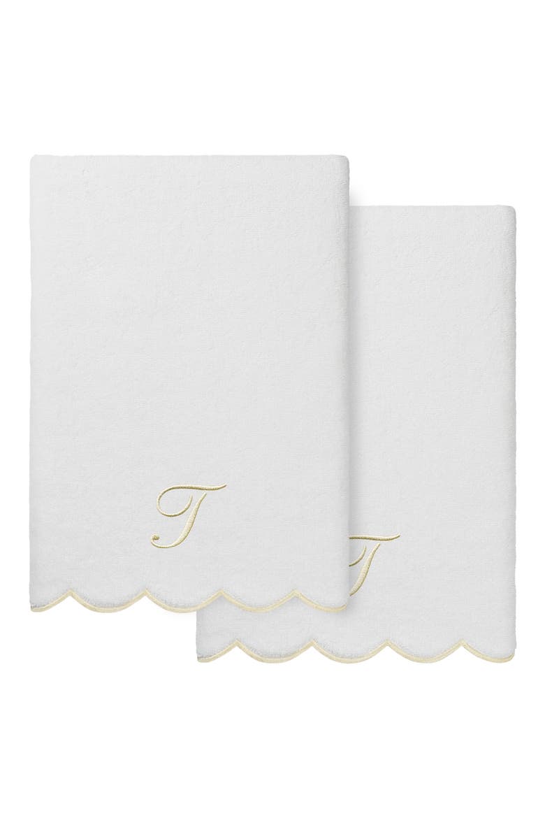 Adornia Scallop Set of 2 Monogram Bath Towels, Main, color, WHITE/ BEIGE T
