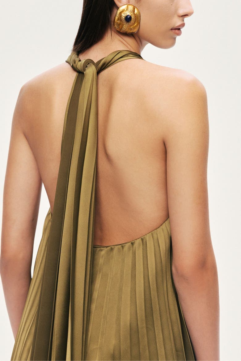 Pleated Halter Maxi Dress, Alternate, color, Khaki
