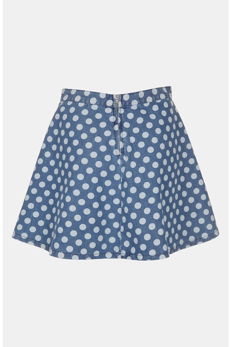 Moto Polka Dot Denim Skater Skirt, Alternate, color, MID DENIM