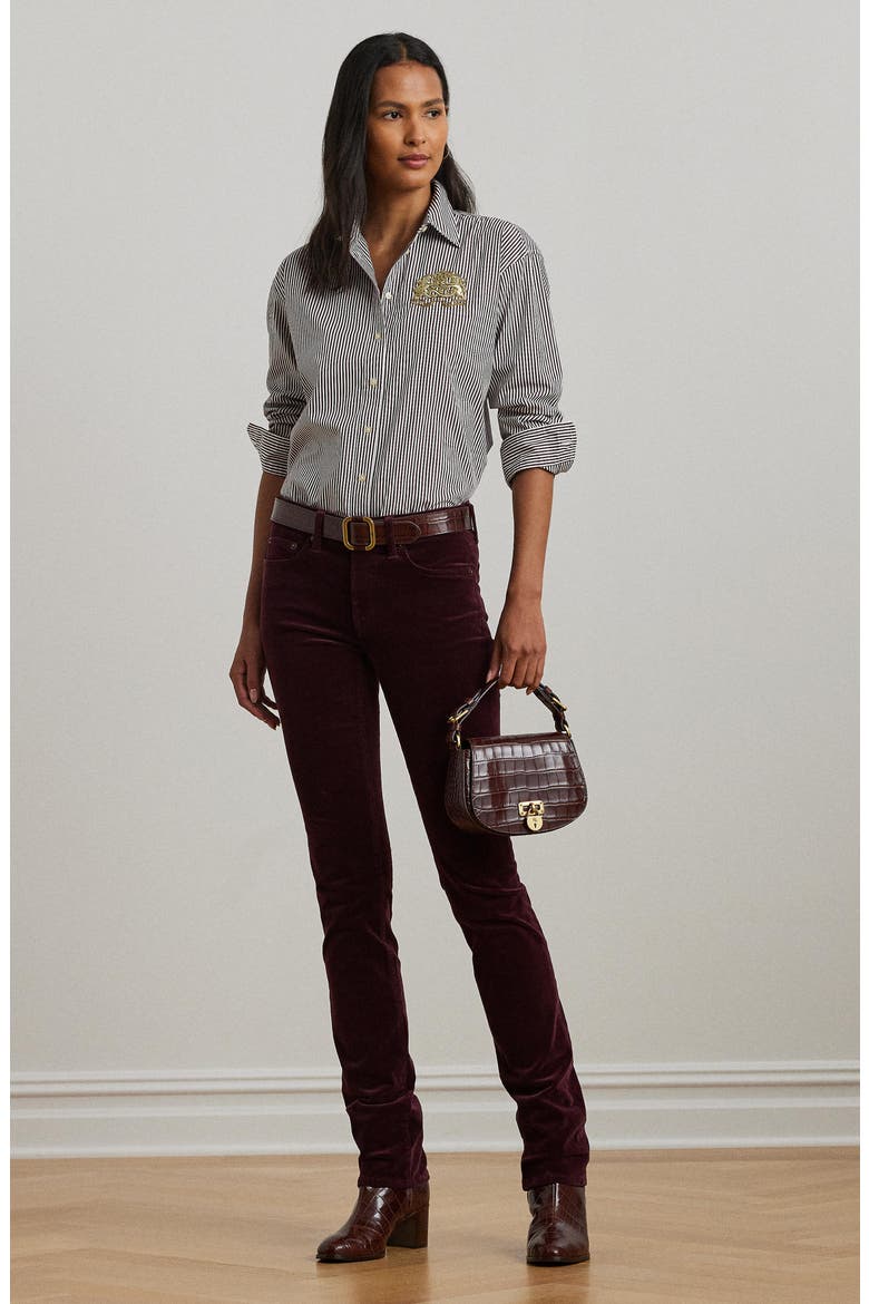 Stripe Lion Crest Cotton Button-Up Shirt, Alternate, color, PINOT NOIR/ WHITE