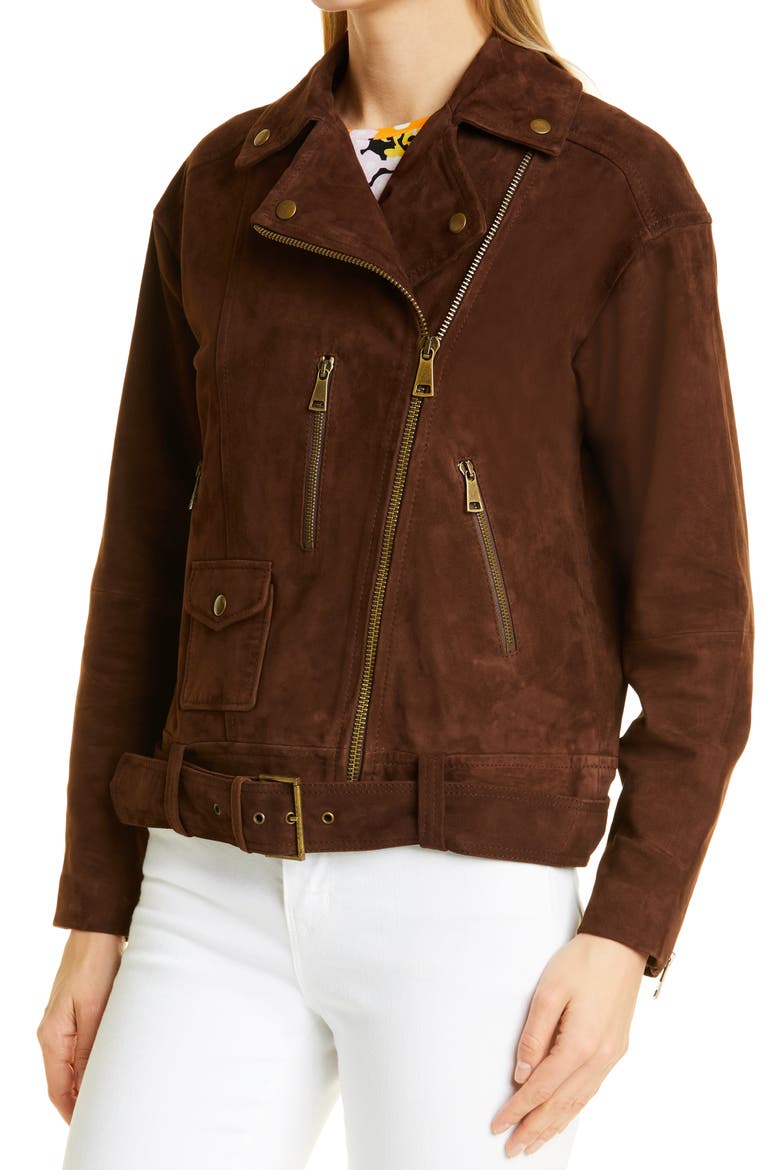 Tiffniy Oversize Suede Biker Jacket, Alternate, color, DARK BROWN