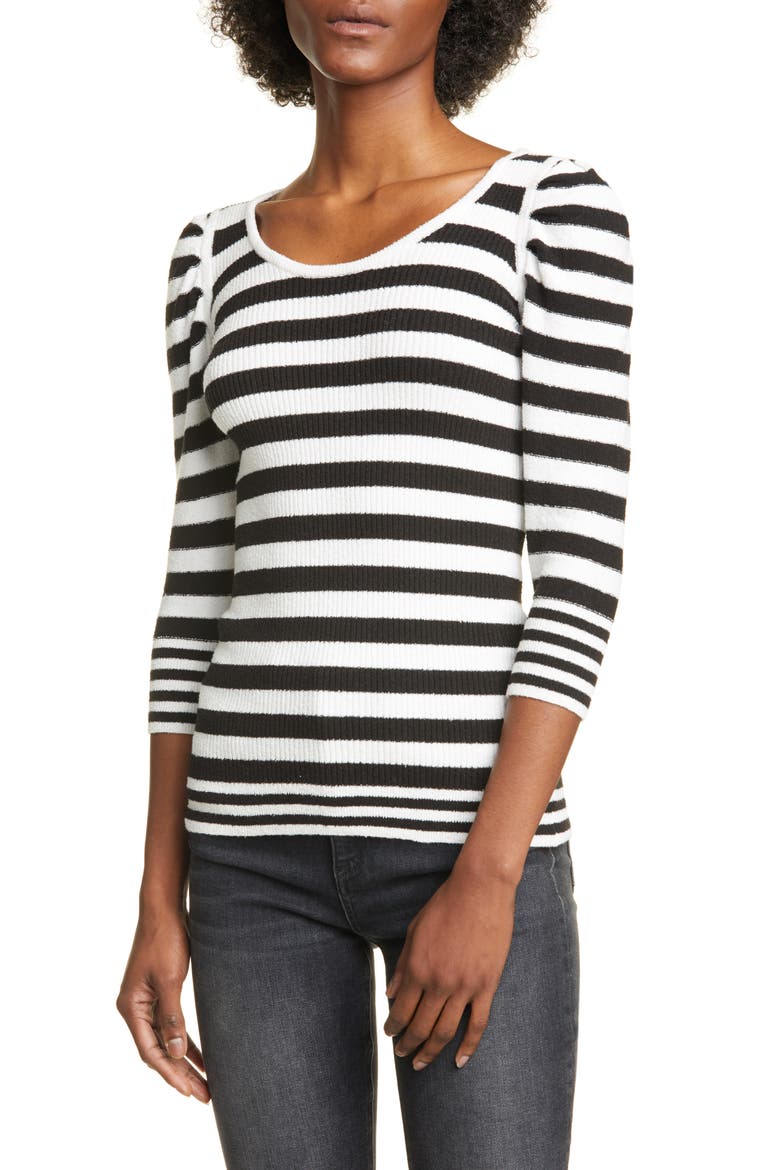 Puff Sleeve Stripe Cotton Blend Sweater, Main, color, BLACK/ WHITE STRIPE