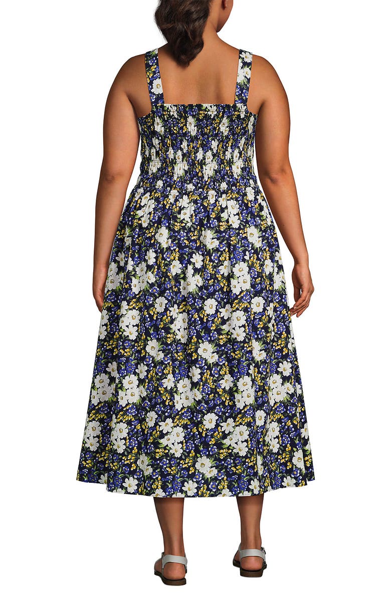 Lands' End Poplin Smocked Bodice Midi Dress, Alternate, color, Deep Sea Spring Floral