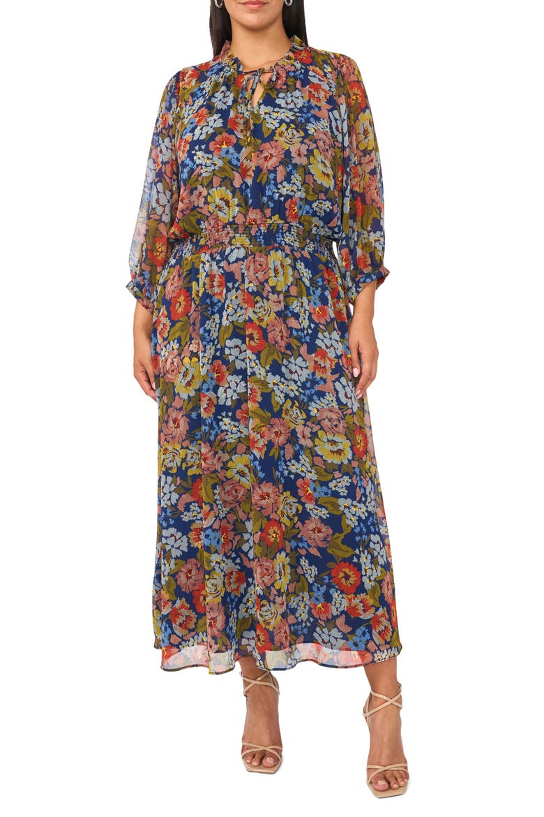 Tie Neck Puff Sleeve Maxi Dress, Main, color, CLASSIC NAVY