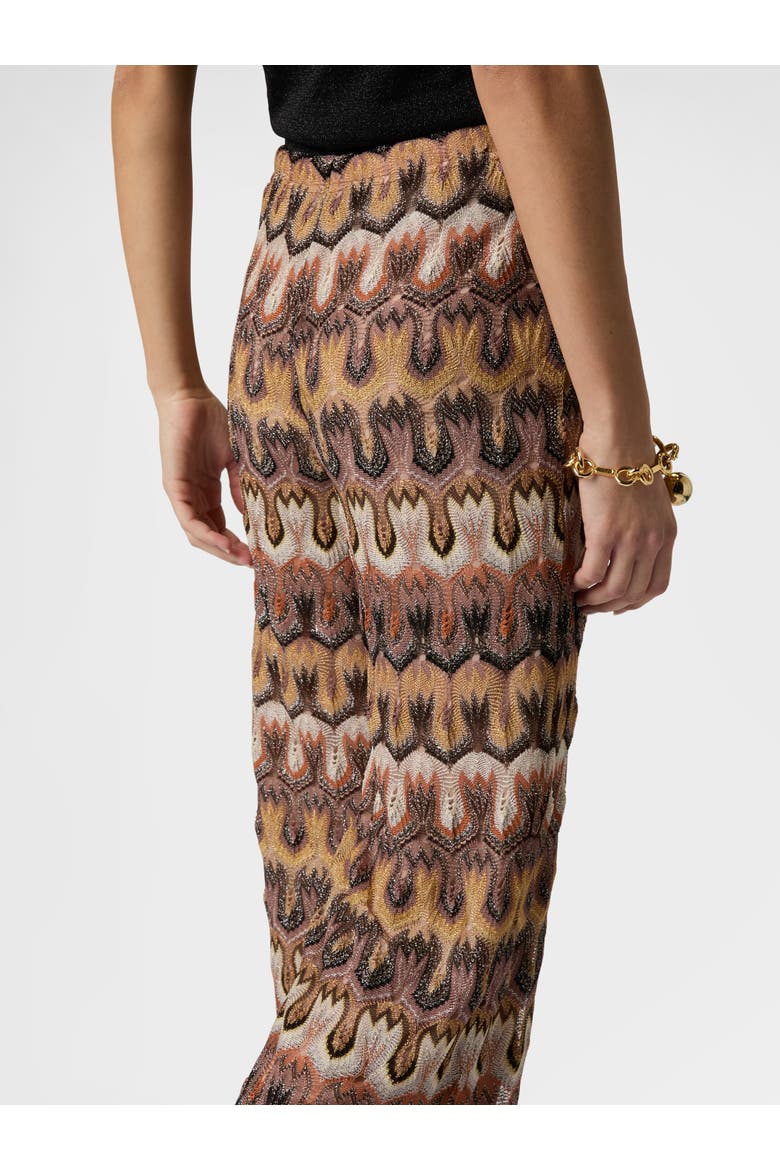 Trousers In Viscose Lamé Arabesque Motif, Alternate, color, Tan