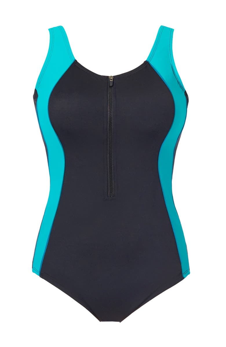 Swim 365 Zip-Front One-Piece With Tummy Control, Alternate, color, Black Teal Turq