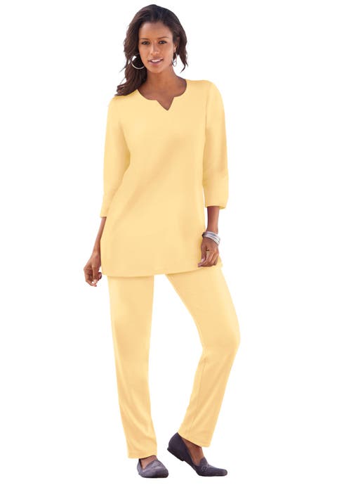 Plus Size Three Quarter Sleeve Notch Neck Soft Knit Tunic
