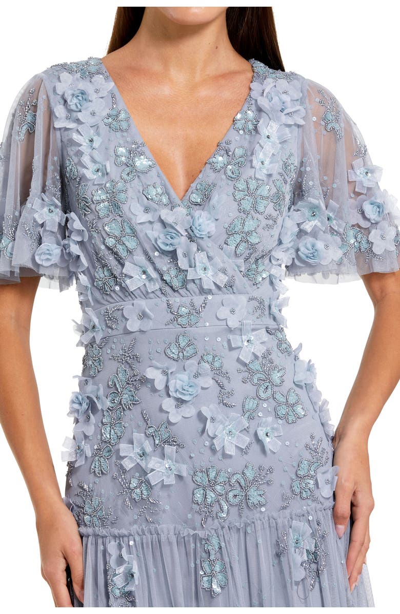 Mac Duggal Floral Beaded Embellished Flutter Sleeve Tiered Dress, Alternate, color, Powder Blue