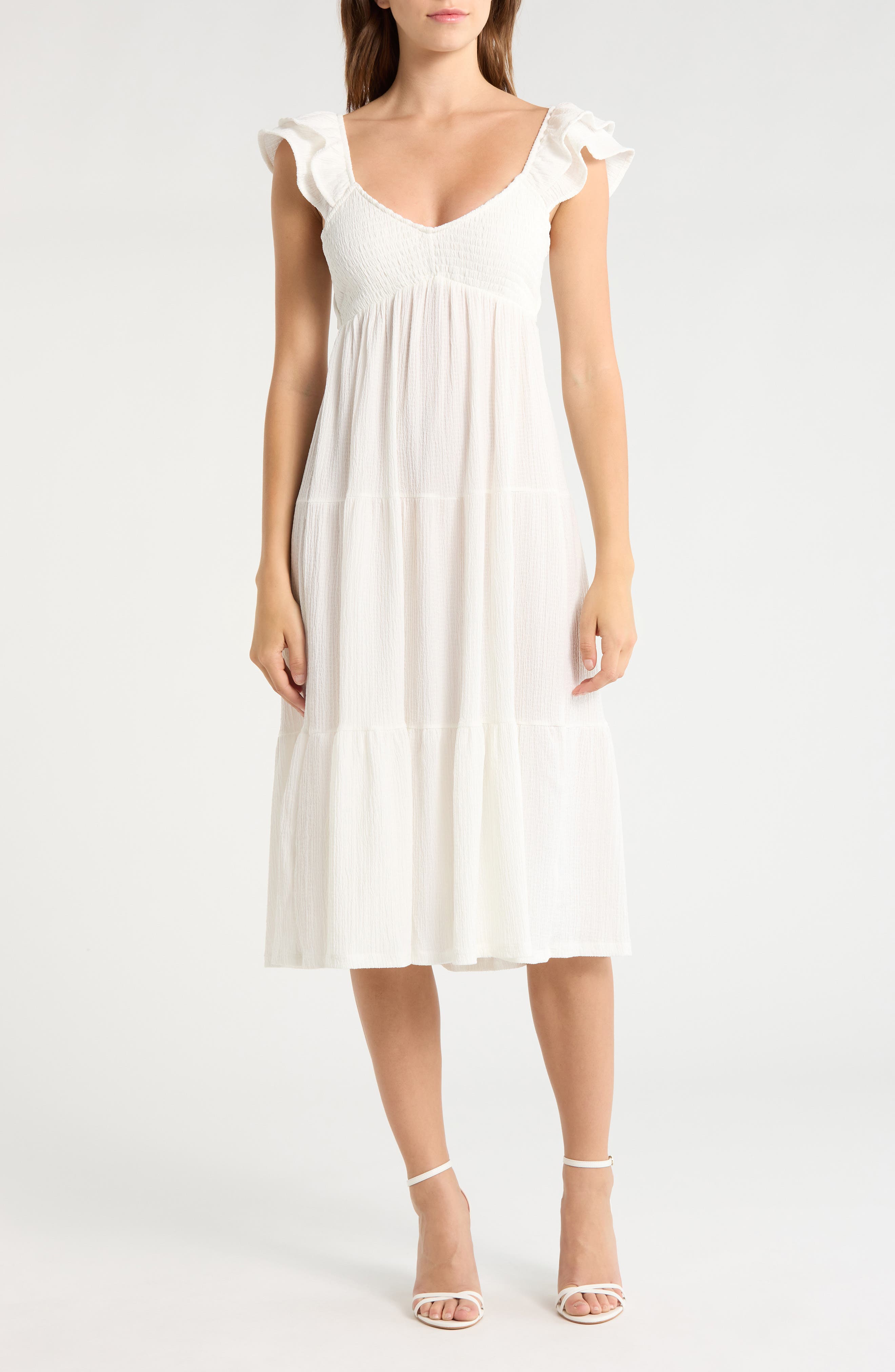 Madden Girl Smocked Flutter Sleeve Tiered Midi Dress