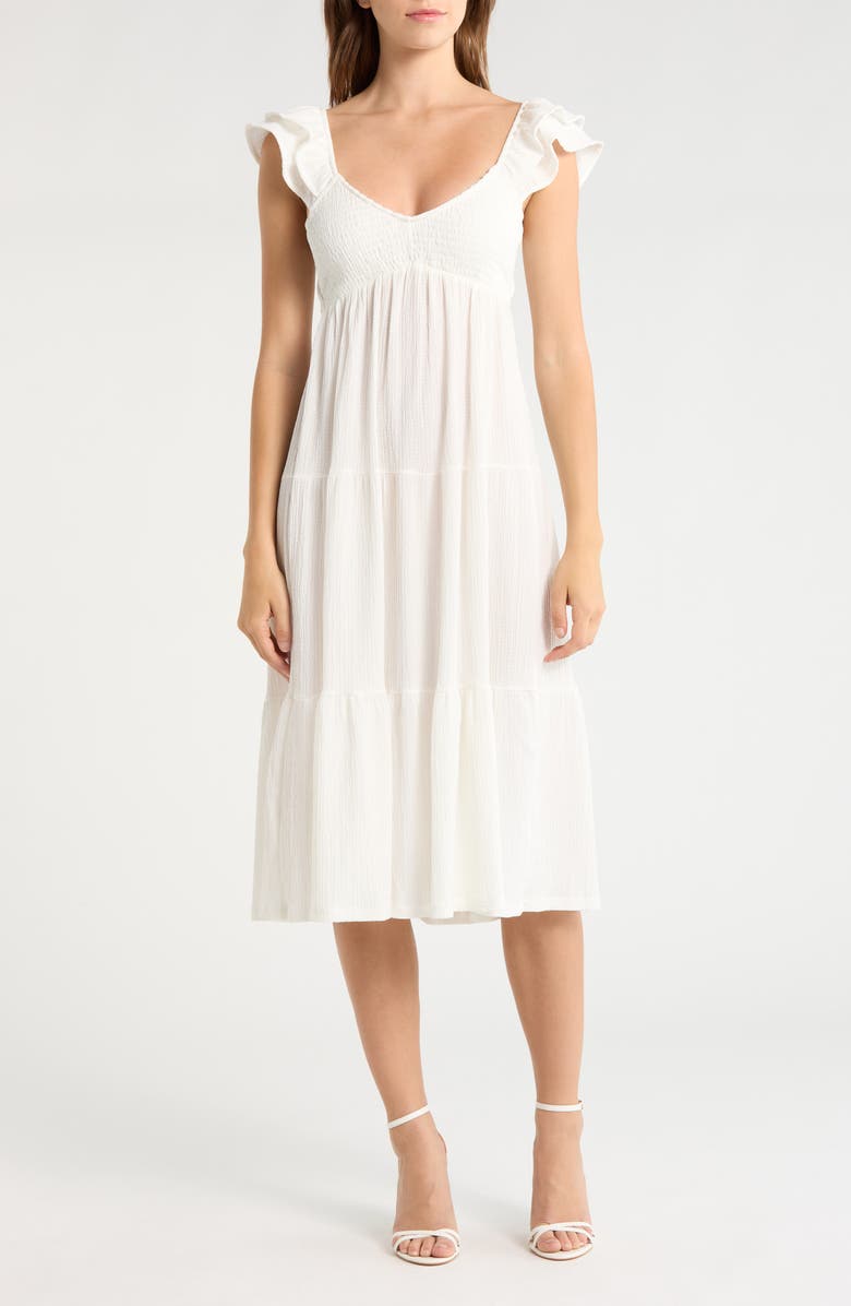 Madden Girl Smocked Flutter Sleeve Tiered Midi Dress, Main, color, Cream