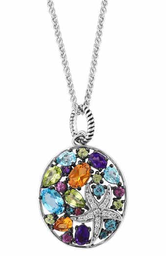 Sterling Silver Semprecious Stone & Diamond Pendant Necklace