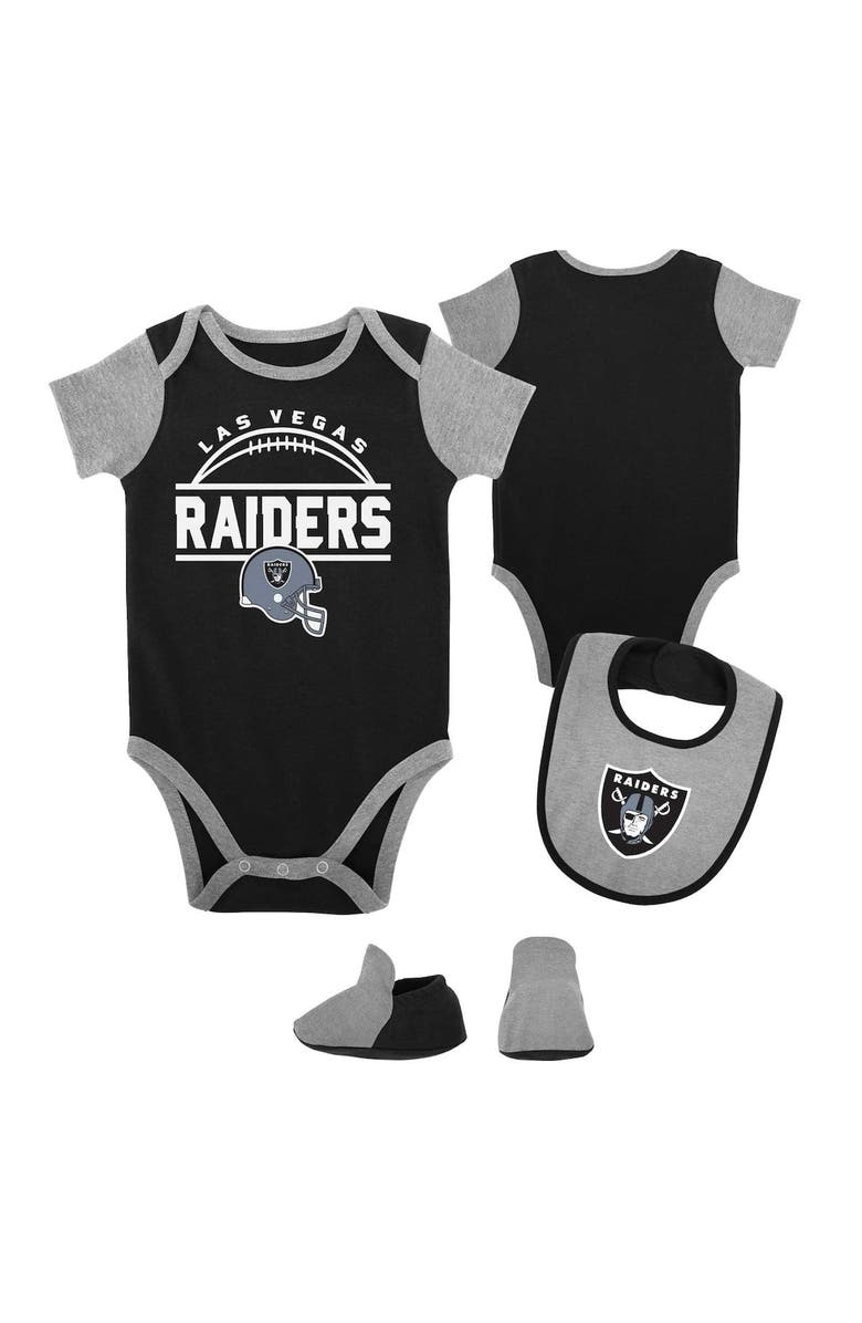 Outerstuff Newborn & Infant Black/Heather Gray Las Vegas Raiders Home Field Advantage Three-Piece Bodysuit, Bib & Booties Set, Main, color, Black
