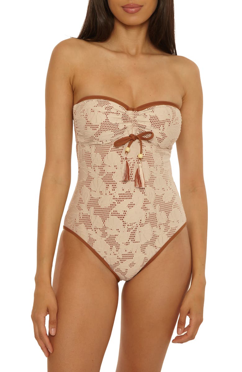 Lucky Brand Belize Ruched Lace Overlay One-Piece Swimsuit, Alternate, color, Natural