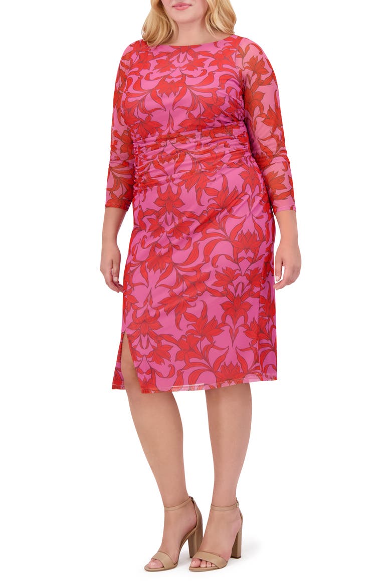 Floral Mesh Ruched Body-Con Dress, Alternate, color, PINK MULTI