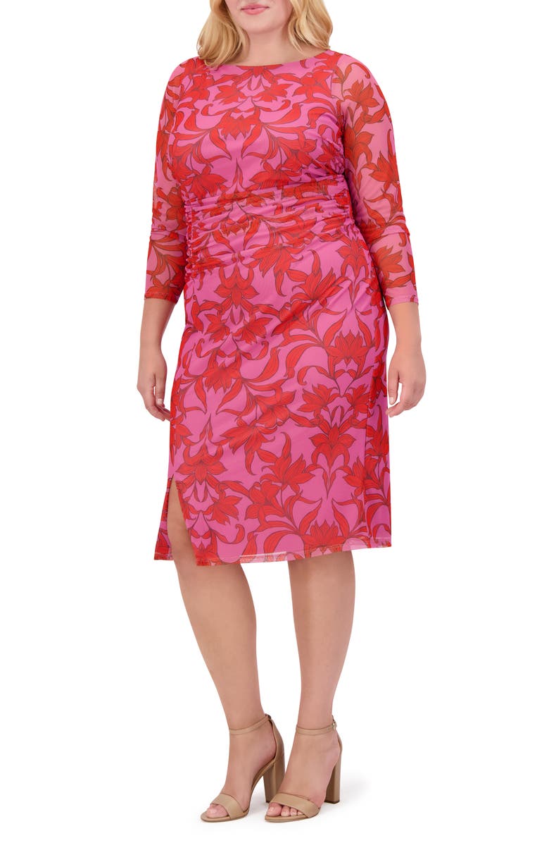 Vince Camuto Floral Mesh Ruched Body-Con Dress, Alternate, color, Pink Multi