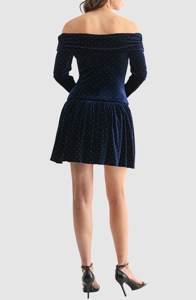 Lush Off the Shoulder Long Sleeve Rhinestone Velvet Minidress, Alternate, color, Navy