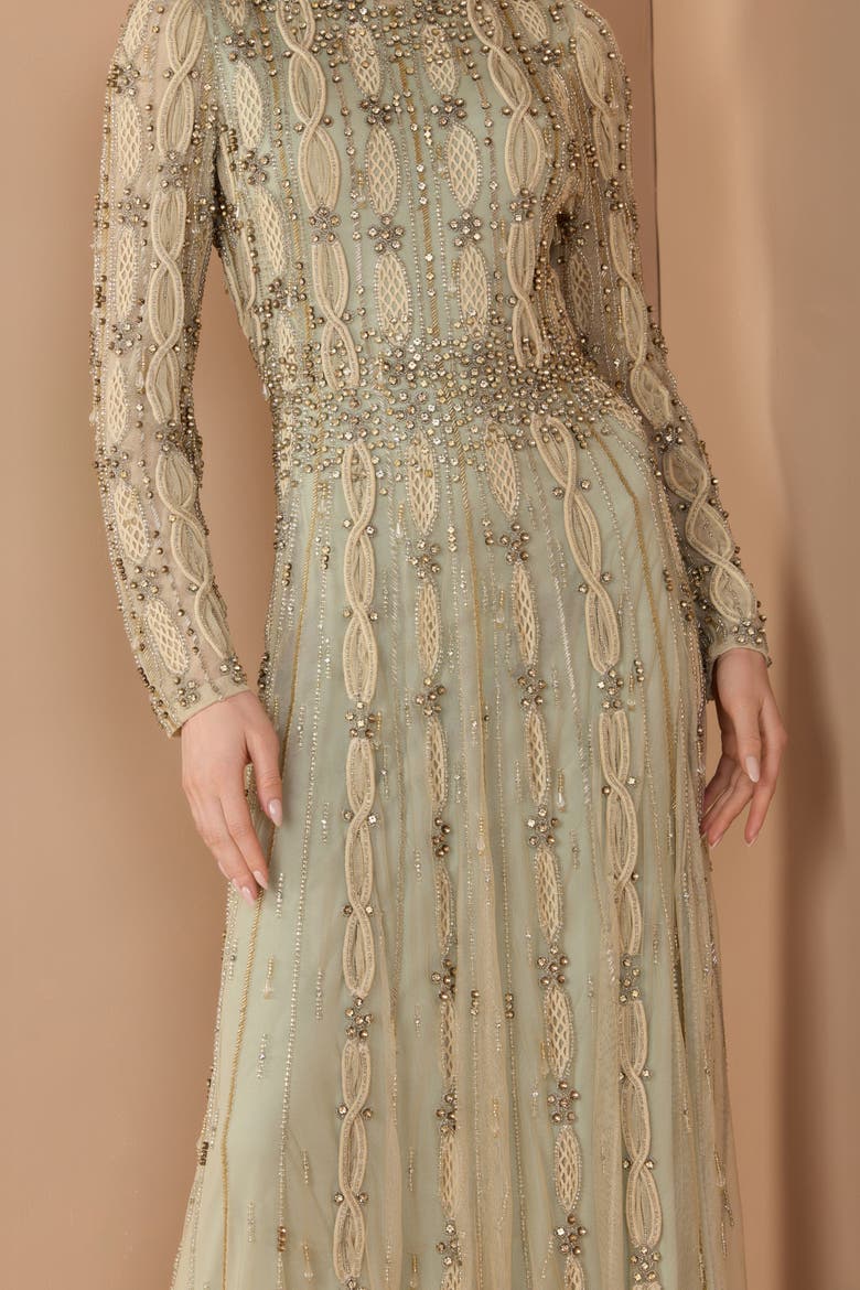 Embellished Mesh Long Sleeve A Line Gown, Alternate, color, Light/Pastel Green