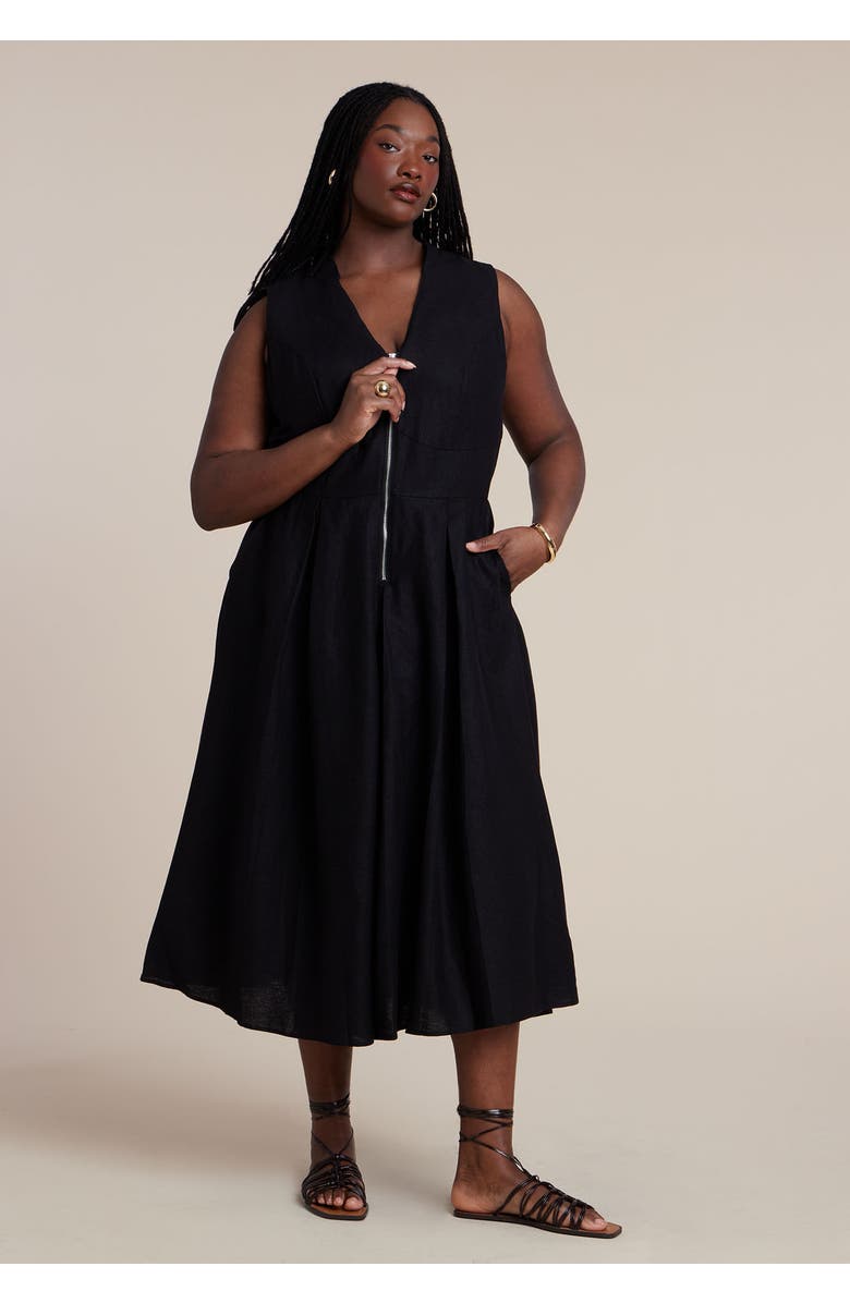 ELOQUII Zipper Detail Linen Maxi Dress, Alternate, color, Black Onyx