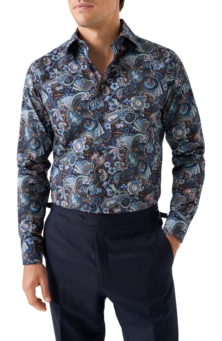 Eton Slim Fit Paisley Dress Shirt, Main, color, Navy