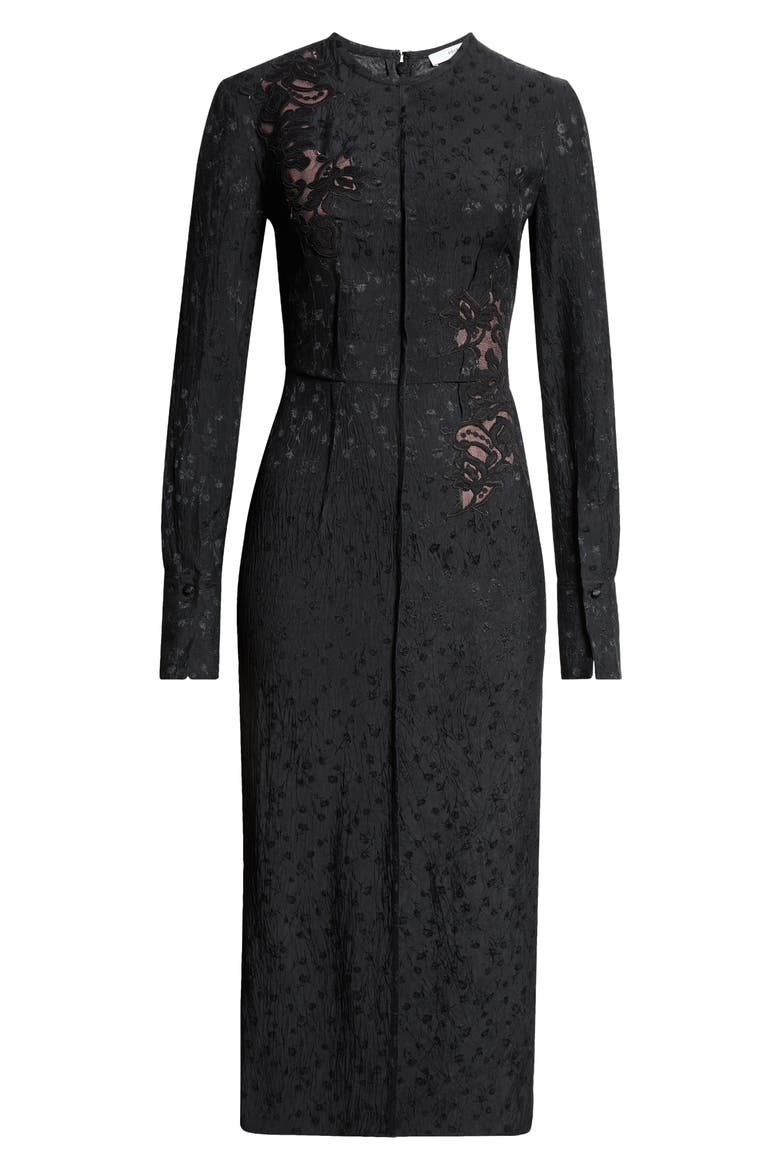 Long Sleeve Guipure Lace & Satin Midi Dress, Alternate, color, BLACK