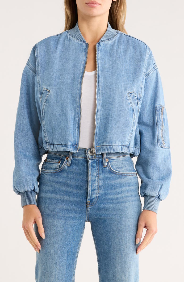 BLANKNYC Faux Shearling Lined Denim Bomber Jacket, Alternate, color,