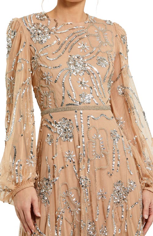 Mac Duggal Embellished High Neck Puff Sleeve Gown In Nude Silver