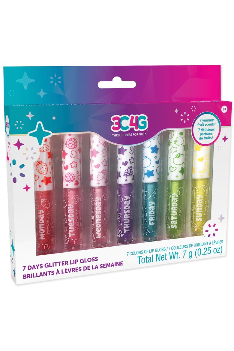 3C4G 7 Days Glitter Lip Gloss 7 Piece Wand Fruit Flavored Set, Main, color, Multicolored