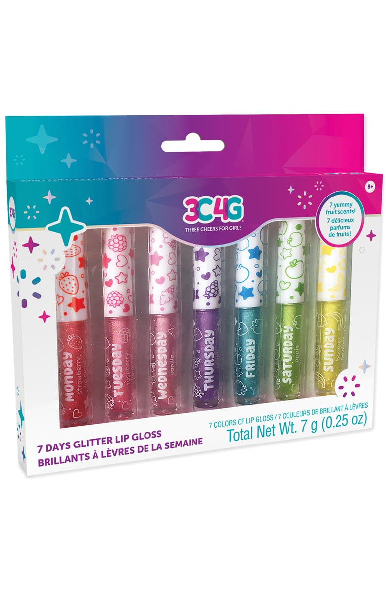 Three Cheers For Girls 3C4G 7 Days Glitter Lip Gloss 7 Piece Wand Fruit Flavored Set, Main, color, Multicolored