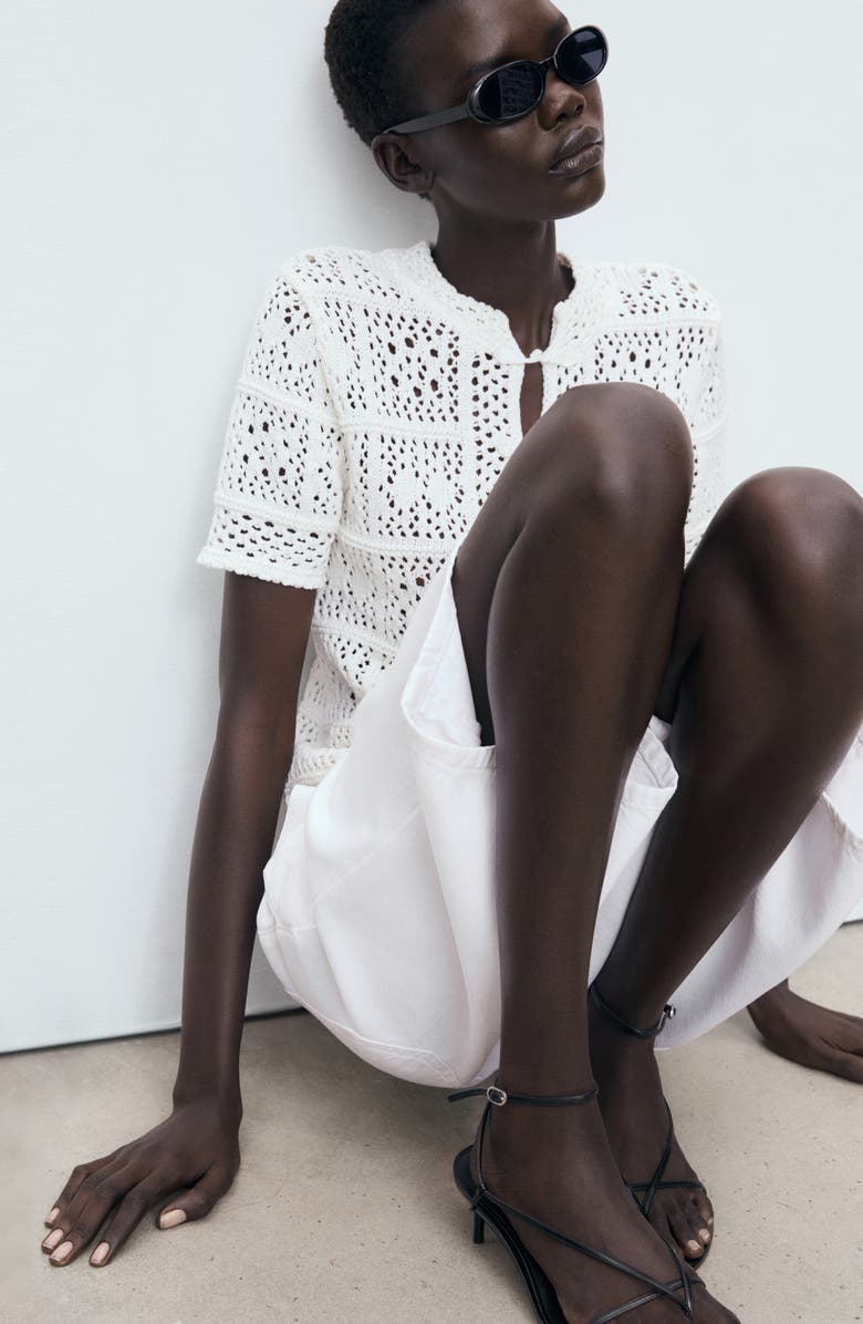 MANGO Open Stitch Short Sleeve Cardigan, Alternate, color, White