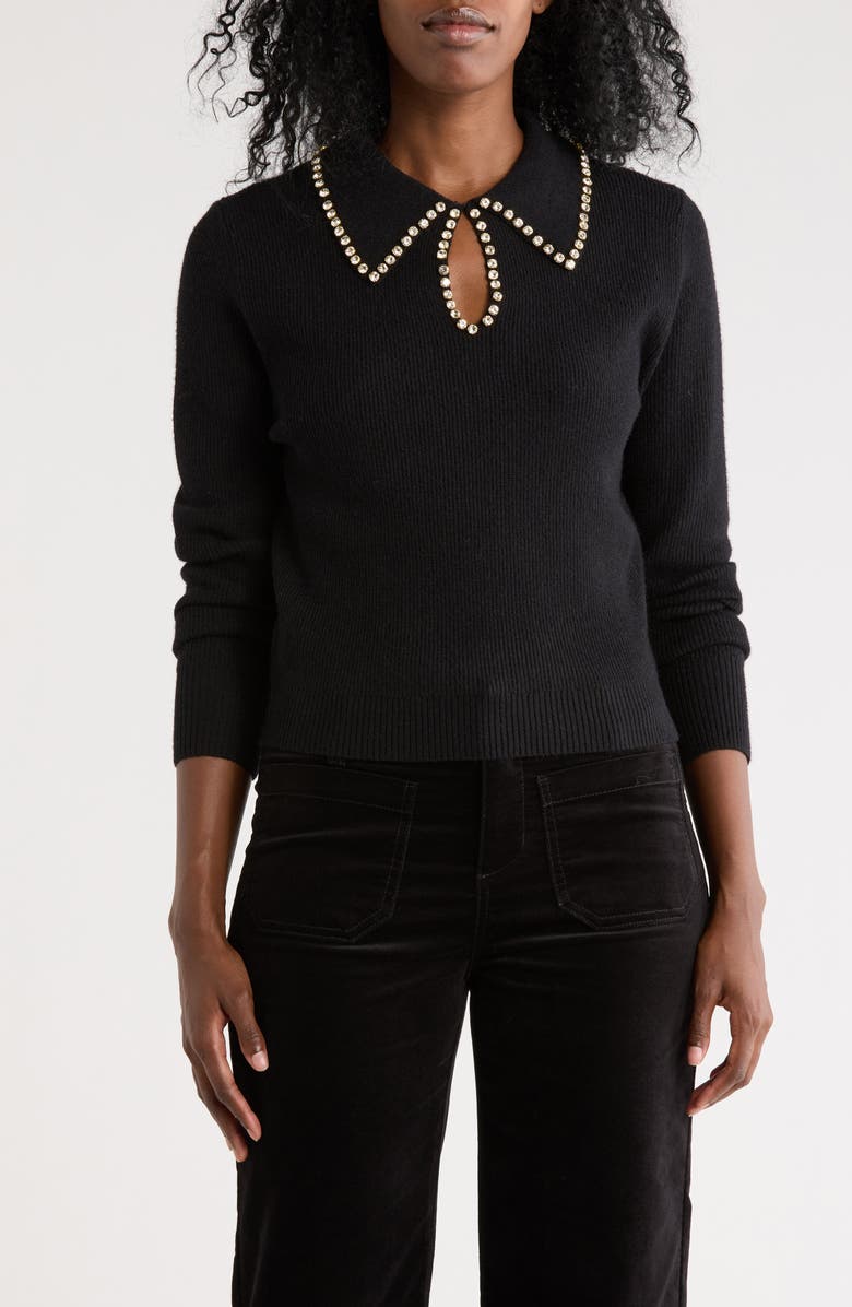 Nicole Miller Rhinestone Trim Collared Crop Sweater, Main, color, Very Black