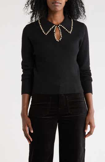 Nicole Miller Rhinestone Trim Collared Crop Sweater