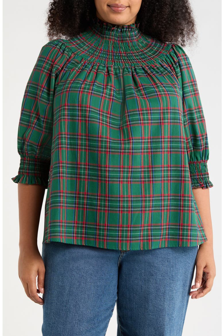 Jace Plaid Smocked Cotton Top, Main, color, GREEN-MULTI