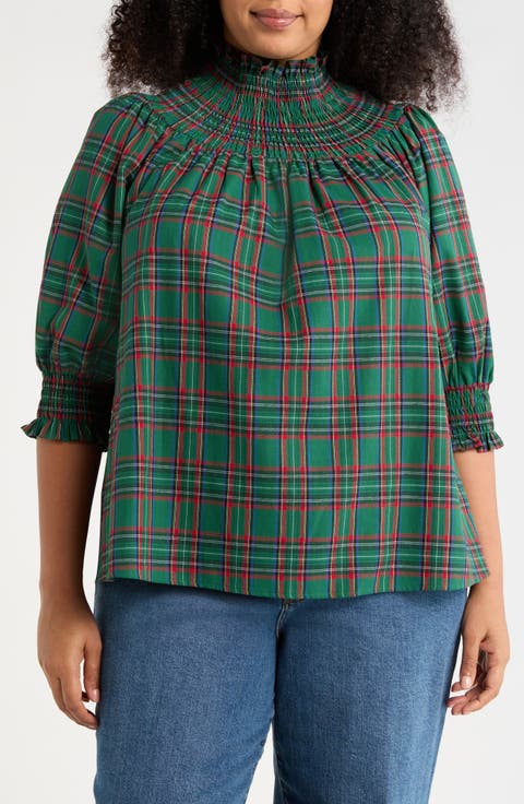 Jace Plaid Smocked Cotton Top (Plus)